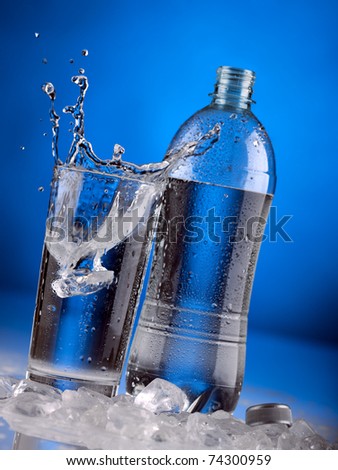 ice block splashing into a glass of mineral water, bottle in background