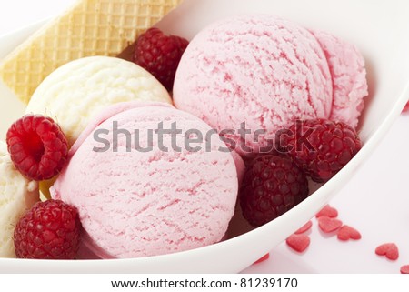 closeup of raspberry and vanilla ice cream with fresh fruit and waffle in a bowl