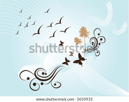 wallpaper retro blue. stock vector : retro blue wallpaper with butterfly andpalm tree