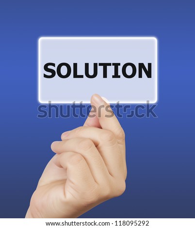 man hand holding button solution keyword, on blue background