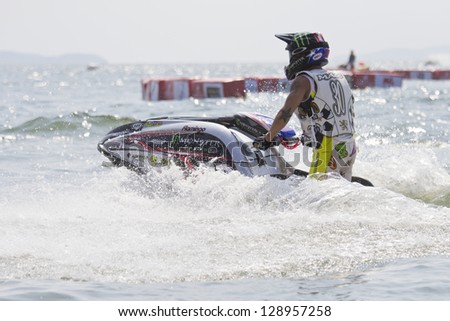 CHONBURI, THAILAND-DECEMBER 8: Unidentified Jet Ski driver in action during Jet Ski King\'s Cup - World Cup Grand Prix 2012 at Jomtien Beach Pattaya on December 8, 2012 in Chonburi, Thailand