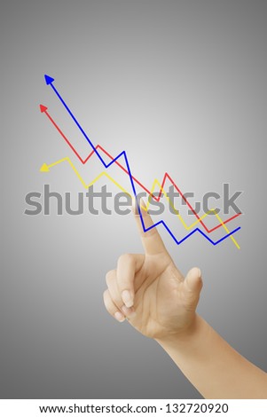 women hand touching graph on gray background