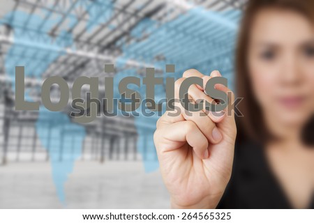 Business woman writing logistics concept, On warehouse background.