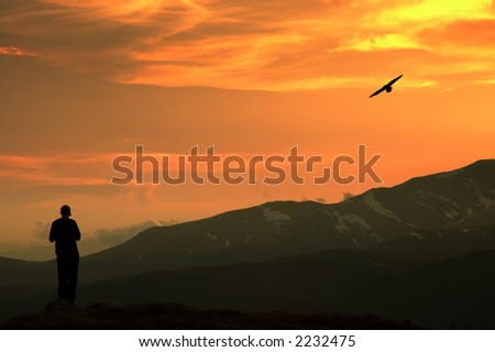 Man and bird silhouettes against sunset sky on the mountain