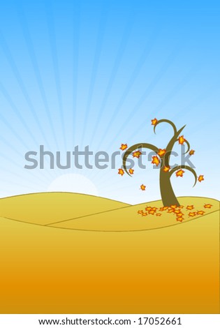 Autumn landscape vector illustration, fields with trees falling leaves.