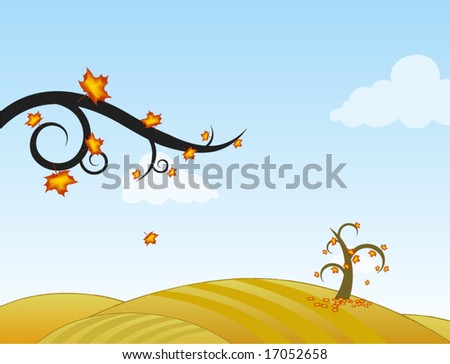 Autumn landscape vector illustration, fields with trees falling leaf