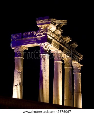 Greek Temple of Apollo at night in Side, Turkey