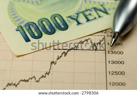 1000 Yen banknote with pen and rising stock chart.