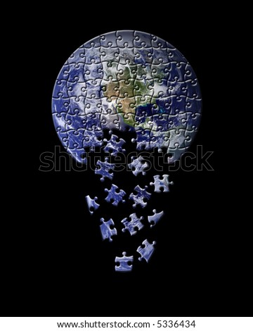 Abstraction of the earth as a puzzle with several pieces falling off.  Isolated on a black background.
