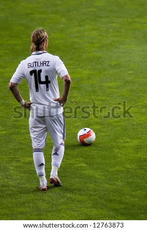 Jose Maria Gutierrez Hernandez (Guti) preparing for a free kick during a football (soccer) game in Madrid
