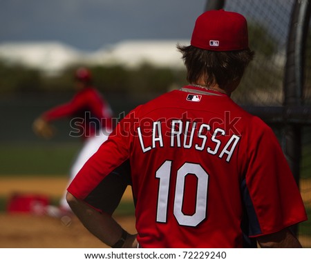 JUPITER, FL - FEB. 28: Manager Tony La Russa watches pre-game practice before the St. Louis Cardinals vs. Florida Marlins pre-season game on Feb. 28, 2011 in Jupiter, Florida.