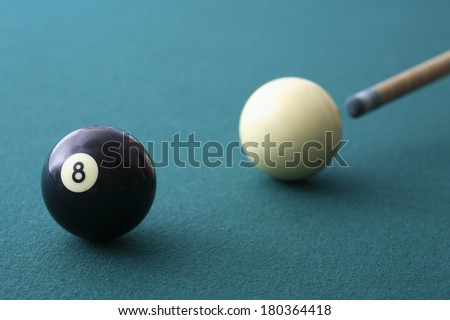 Eight ball and cue ball on green pool table