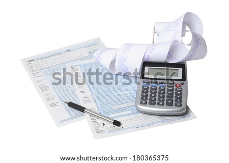 Still life of tax forms and paperwork preparation on white background