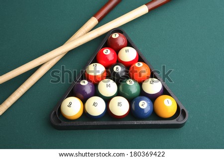 Still life of billiards table with two cues and rack of balls