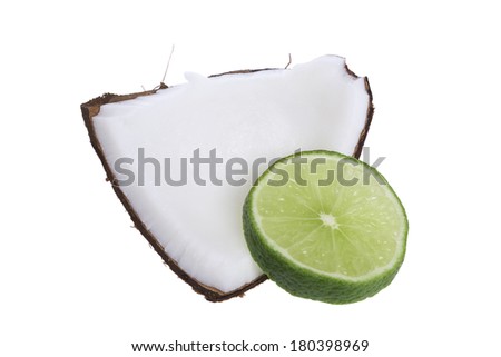 Coconut and lime on white background