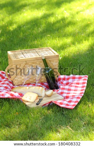 Outdoor picnic, with basket, wine, bread and cheese