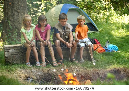 Kids roasting marshmallows at campfire