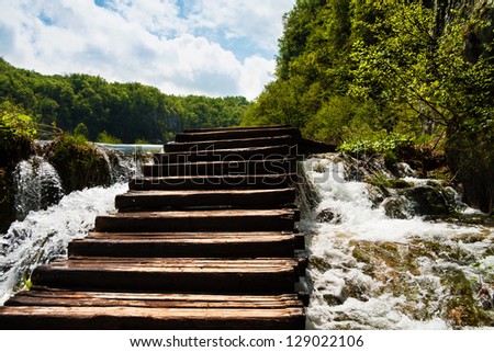 Wet wooden stairs with whitewater and forest