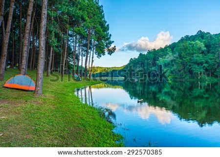 Natural landscape view of Huai Makhuea Som reservoir. It is a famous landmark for camping in Mae Hong Son province, Northern Thailand.