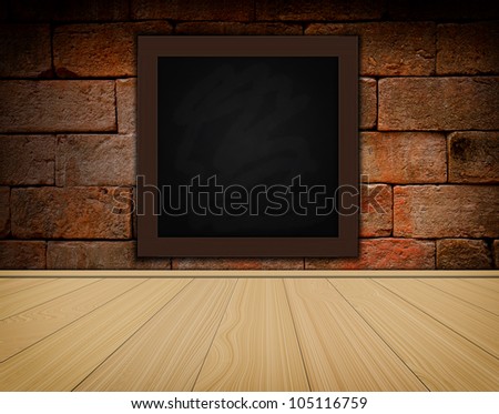 grunge chalkboard on old brick wall background  and wood floor