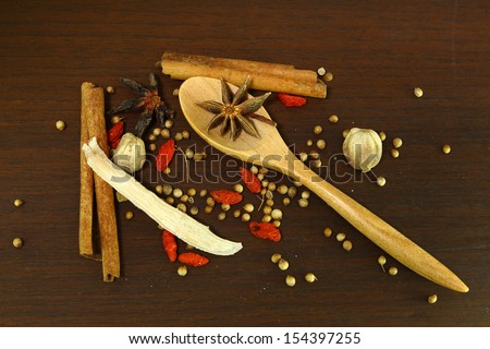 Herbs and spices aromatic ingredients  natural food additives on grunge wooden board