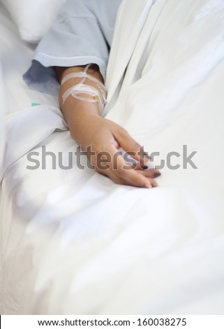 Iv drip in woman patient\'s hand close up