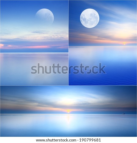 Collage image of full moon over blue sea and sky