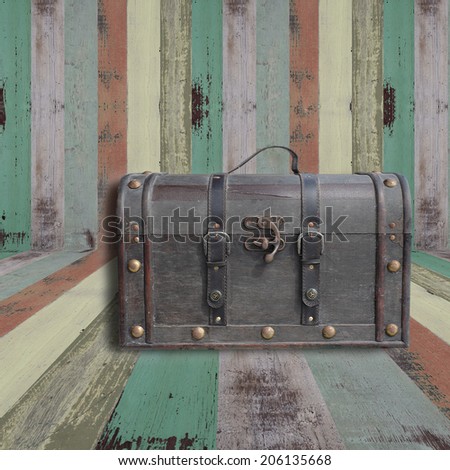Old vintage leather luggage on grunge wood floor