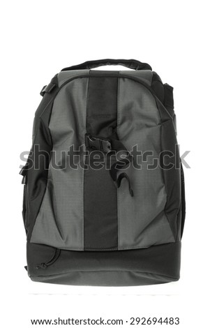Black backpack camera case isolated on white background