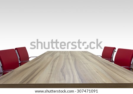 wooden table with red chairs isolated background