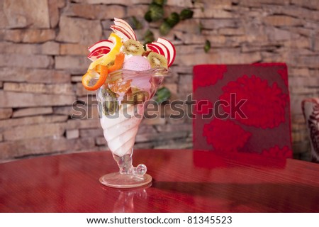 Fruit cup on the red table