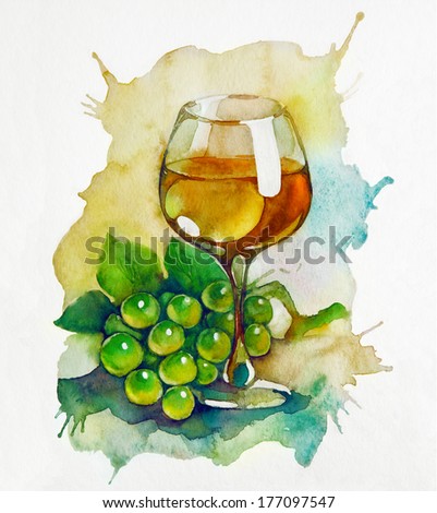 Glasses of wine and grapes . Watercolor painting on white background.