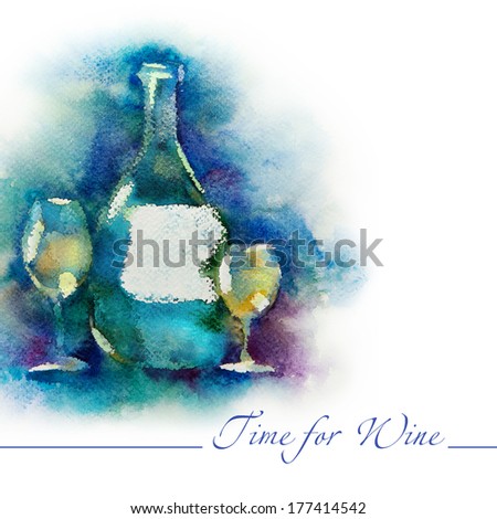 Wine glasses and bottles of wine(with place for text). Watercolor painting.