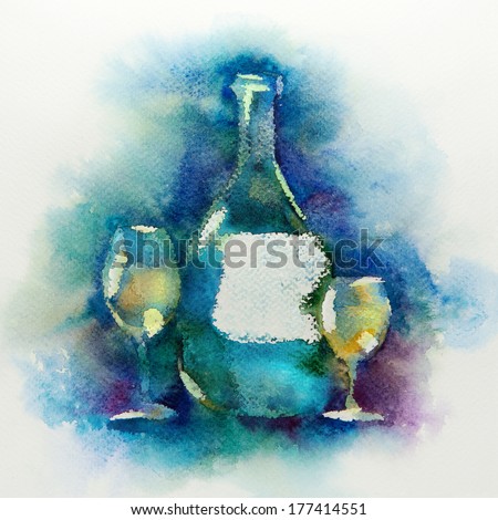 Wine glasses and bottles of wine. Watercolor painting.