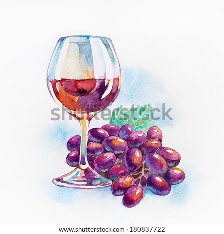 Red wine in glass with grapes isolated on white background. Watercolor painting.