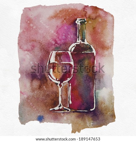 Wine glasses and bottles of wine. Watercolor painting.