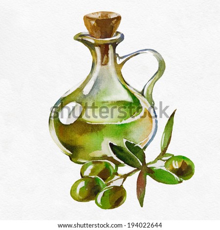 Bottle of olive oil and some olives on a white background. Watercolor picture.
