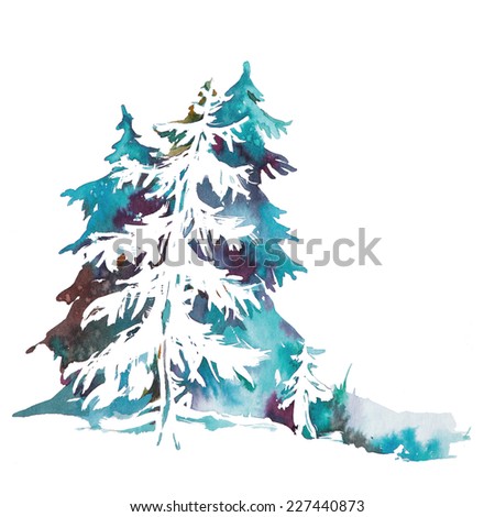 Christmas greeting card with snowy fir trees. Watercolor illustration on white background. Card with place for text.