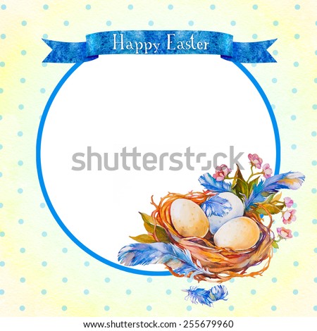 Easter eggs in a nest with feathers and flowers on a white background. Easter greeting card. Watercolor illustration.