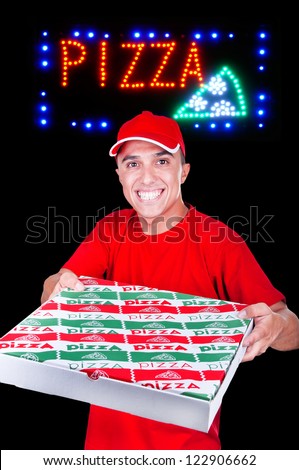 young pizza delivery man with the pizza neon sign