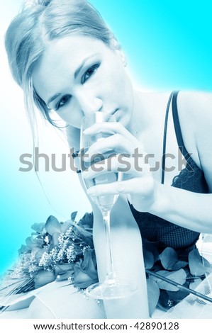 beautiful woman with glass and rose