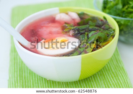 Green soup with sorrel and egg.