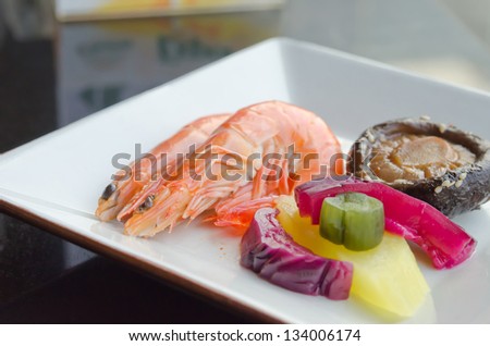 mix  pickled vegetable , mushroom and  boiled shrimps on dish