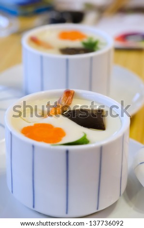 close up steam egg with meat  and vegetable