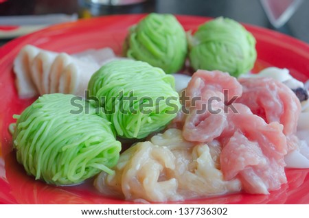 raw meat and green noodle for cook food
