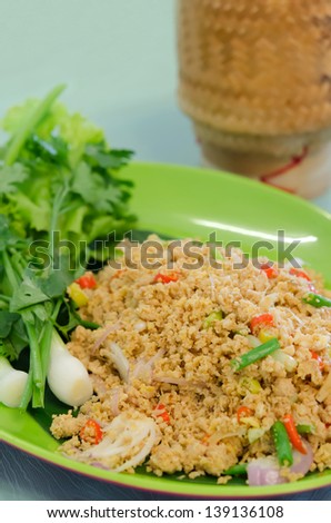 fish roe with mix vegetable, served with fresh green vegetable , spicy and sour