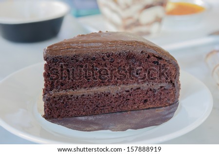 Slice of chocolate fudge cake on white dish