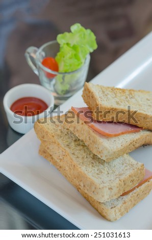 close up toasted sandwich with ham and cheese on dish