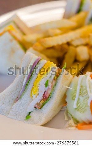 Delicious club sandwich with french fries at a dinner