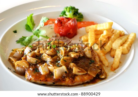 Delicious beef steak with mushrooms